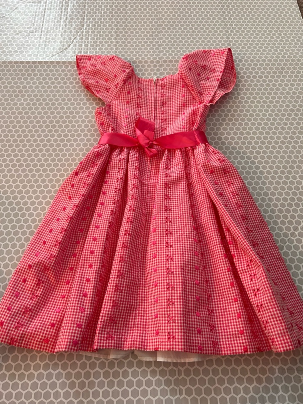 By Bonnie Jean Pink Gingham Dress w Satin Waist Bow w Petticoat Size 6X - Picture 2 of 8